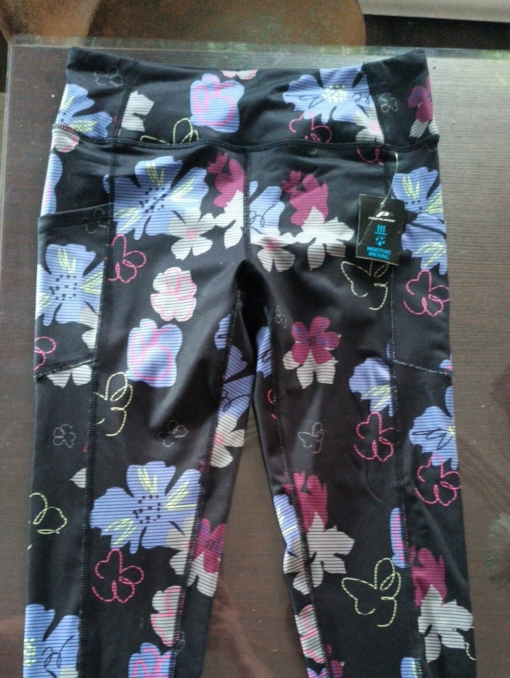 Pro Player Black Capri Leggings with Purple & Pink Floral Print